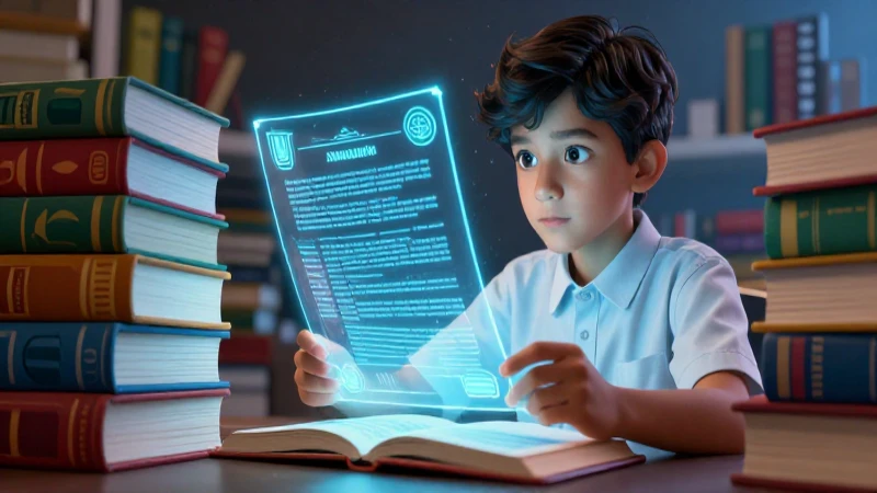 Joven erudito examina documento holográfico antiguo