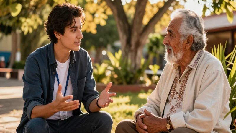 Fuentes orales: 25 Ejemplos para tu investigación efectiva 3 Joven investigador dialogando con un anciano en México