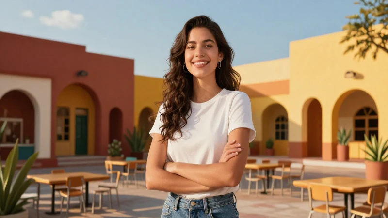 Joven sonriente en clase mexicana moderna con luz dorada