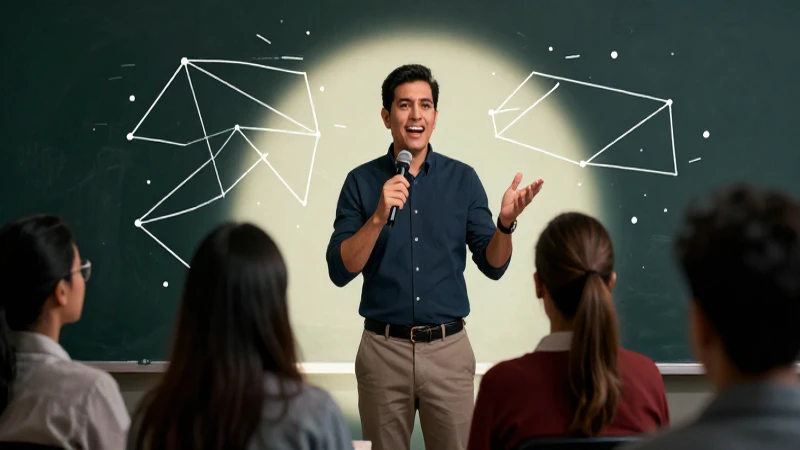 Educador mexicano apasionado en un escenario vibrante