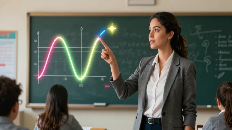 Maestra señala curva matemática dinámica con estética profesional