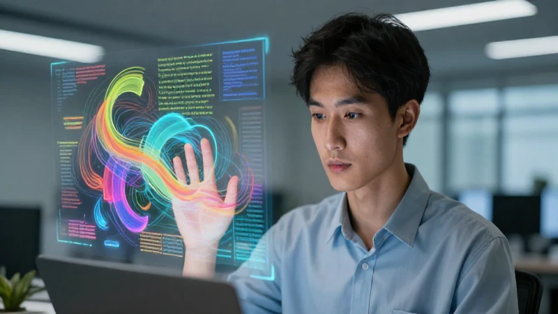 Joven erudito rodeado de datos lingüísticos abstractos