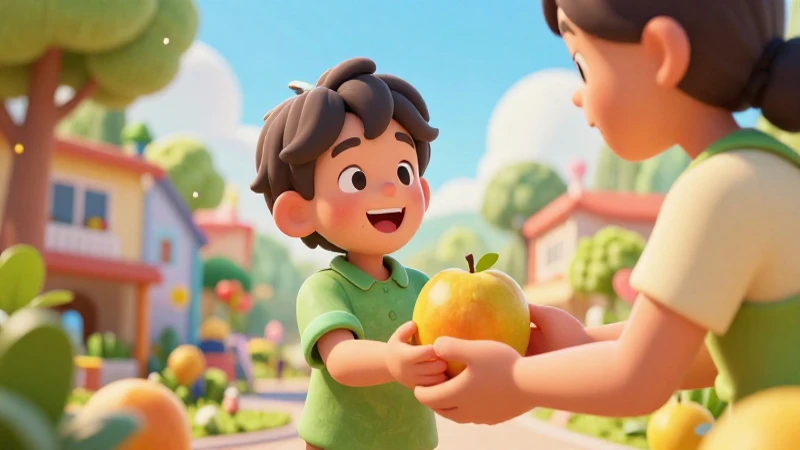 Niño feliz recibe fruta de adulto