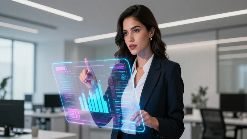 Mujer profesional mexicana interactúa con interfaz digital