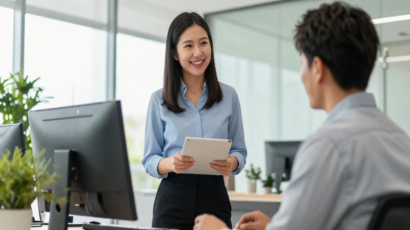 Oficina profesional moderna con cliente satisfecho y calidad premium