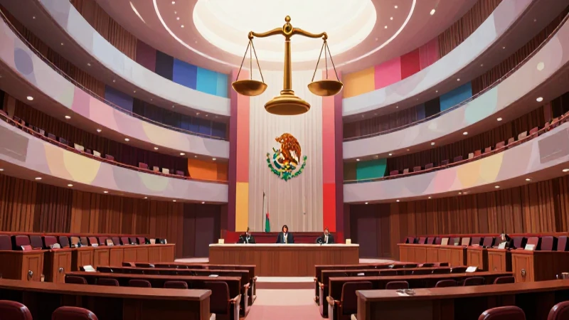 Salón legislativo mexicano moderno con balanza simbólica