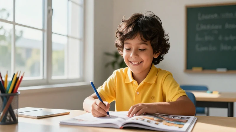 Niño mexicano sonríe aprendiendo en ambiente luminoso