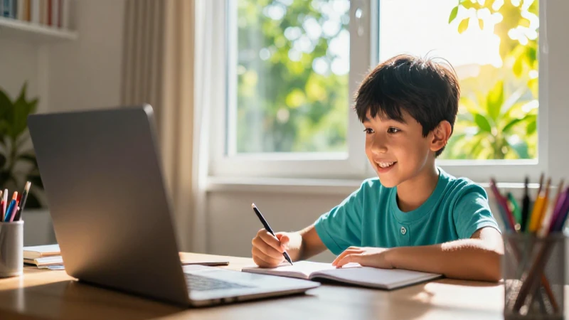 Estudiante aprende en casa con luz brillante
