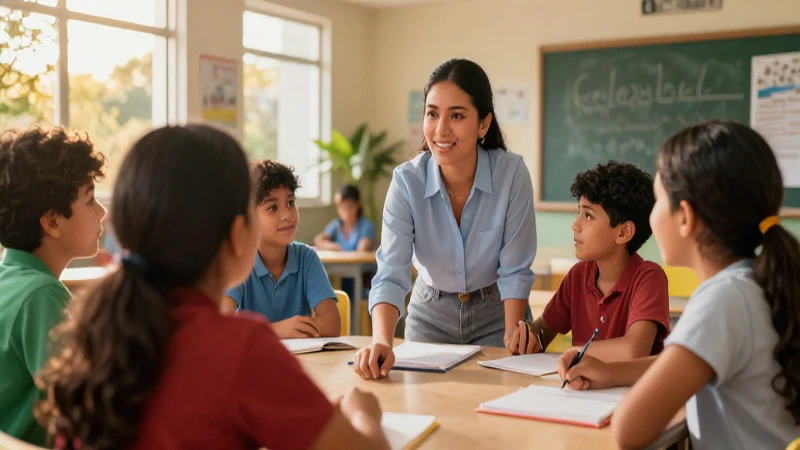 Educadora mexicana guía alumnos en un centro moderno