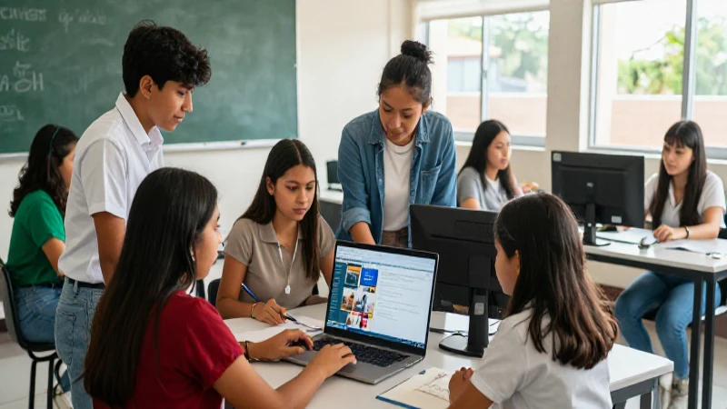Estudiantes mexicanos colaborando en aula moderna y tecnológica