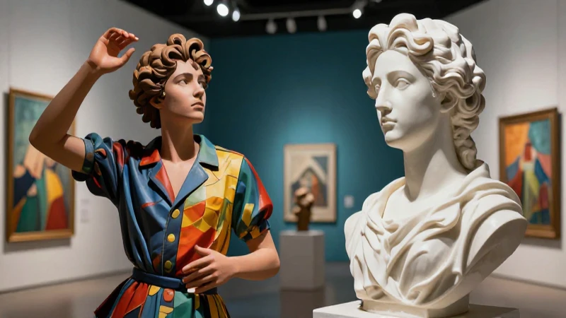 Figuras artísticas contrastantes en galería moderna