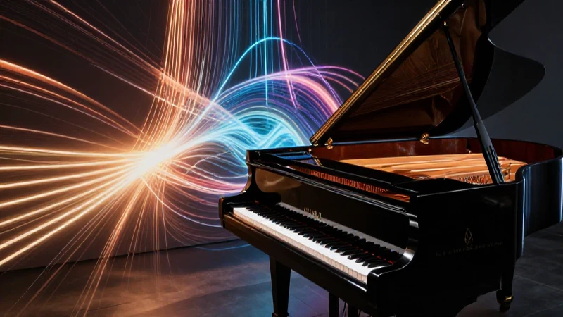 Piano grandioso con patrones abstractos y luz cinematográfica