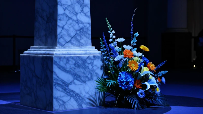 Monumento de mármol elegante con flores, luz dramática