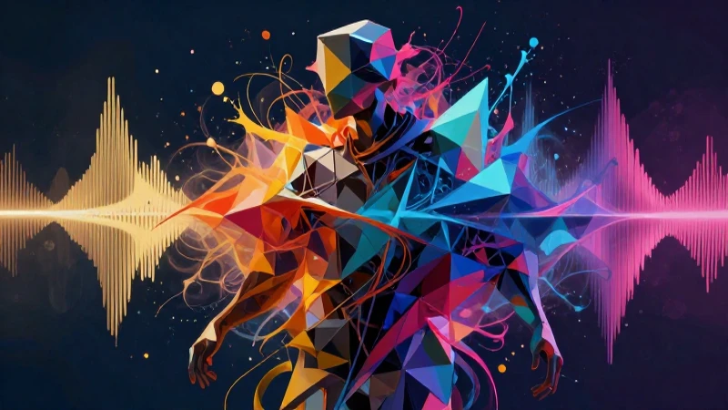 Figuras abstractas dinámicas con vibrantes ondas musicales