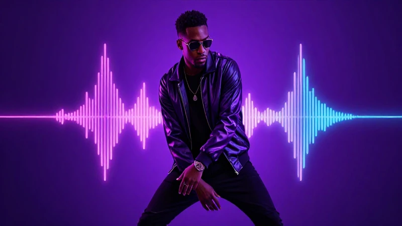 Músico de funk vibrante con estética de portada