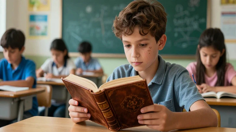 Joven estudiante leyendo libro antiguo