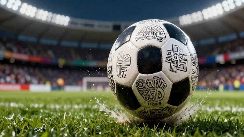 Balón de fútbol azteca estilizado en revista vibrante
