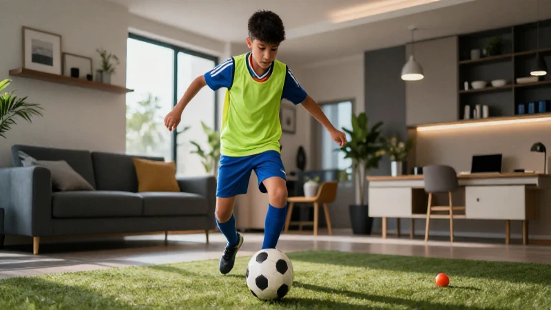 Joven estudiante practica fútbol en moderno interior