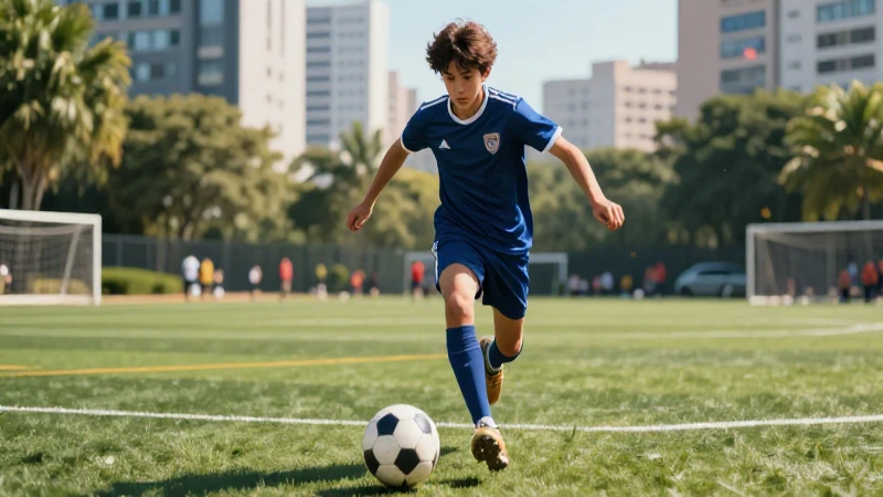 Jugador de fútbol dinámico con balón en campo soleado