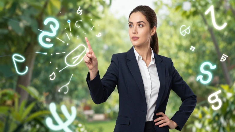 Futuro simple: Estructura y ejemplos en inglés fácilmente 5 Profesional joven rodeada de lenguaje futurista