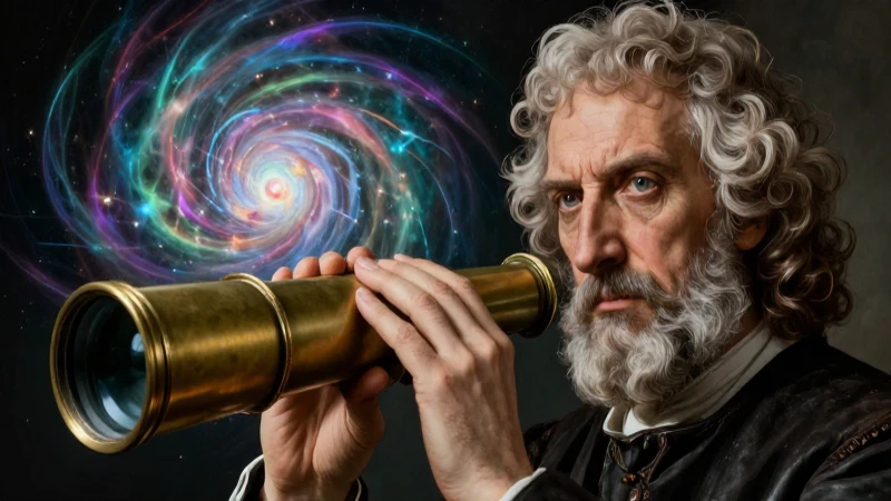 Galileo Galilei: Biografía, Inventos y Características Clave 8 Ilustración hiperrealista de Galileo Galilei y su telescopio