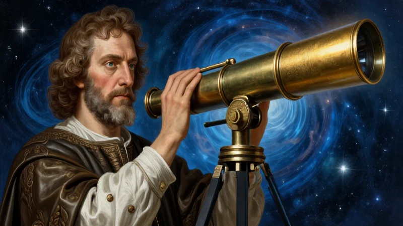 Galileo Galilei: Biografía, Inventos y Características Clave 4 Retrato cósmico de Galileo con telescopio detallado