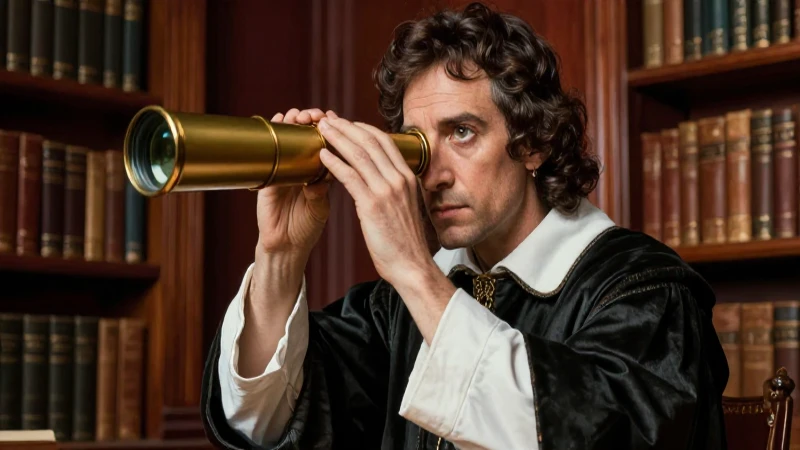 Galileo Galilei: Biografía, Inventos y Características Clave 7 Retrato de Galileo mirando a su telescopio