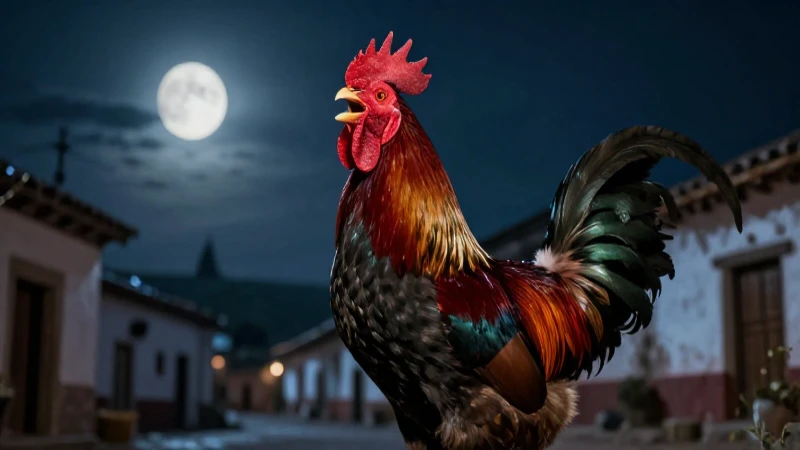 Gallina majestuosa bajo luna en aldea