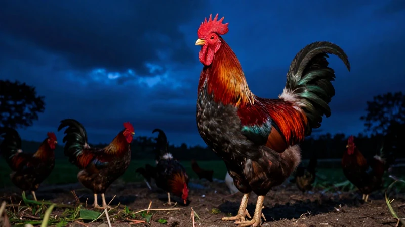 El gallo canta majestuosamente en la noche