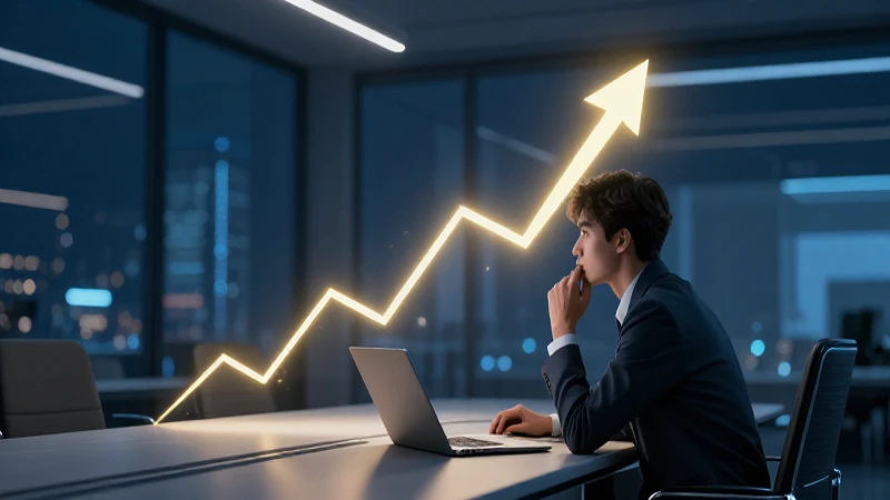 Analista financiero estudia un gráfico ascendente en luz dramática