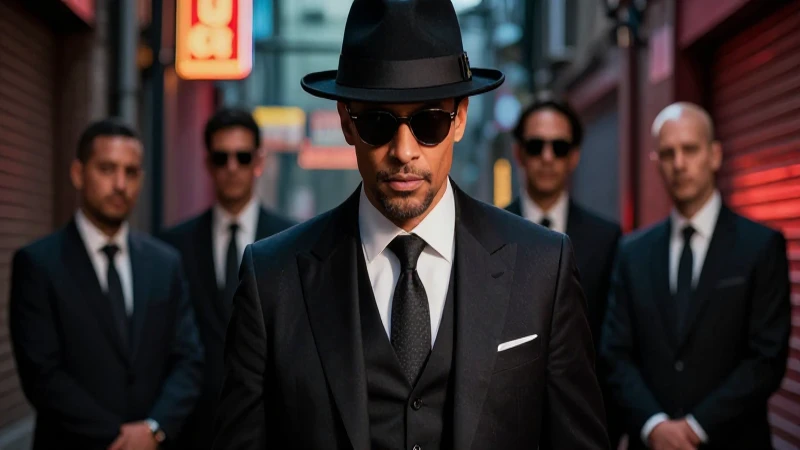 Gangster charismático en neón, estilo revista