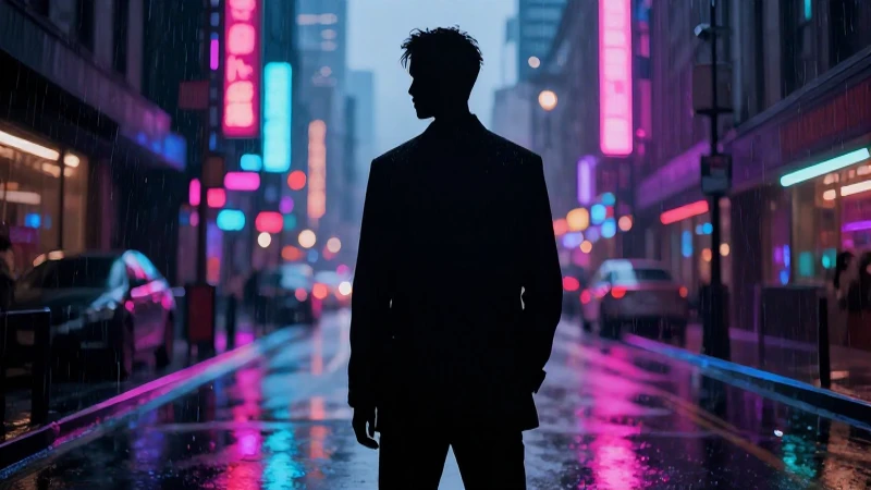 Figura elegante en ciudad neón bajo lluvia