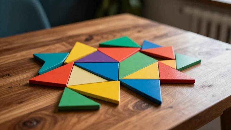 Tangram geométrico colorido sobre mesa de madera