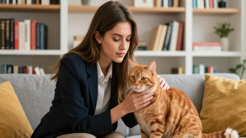 Gato: definición, características e información esencial 4 Mujer acaricia a un gato naranja en salón moderno
