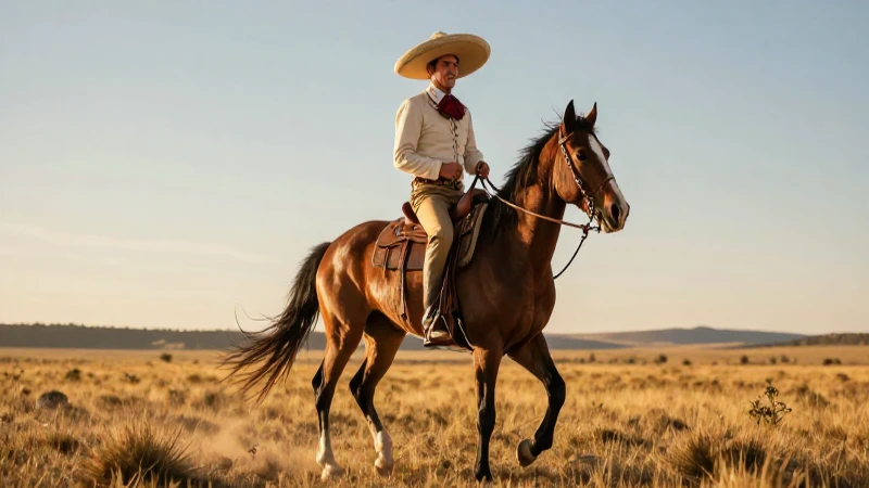 Gaucho carismático montando en vastas pampas doradas