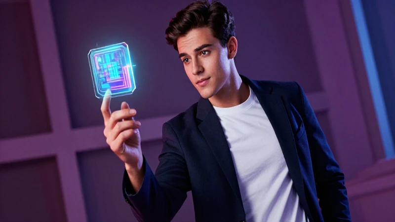 Joven atractivo con chip holográfico en portada de revista