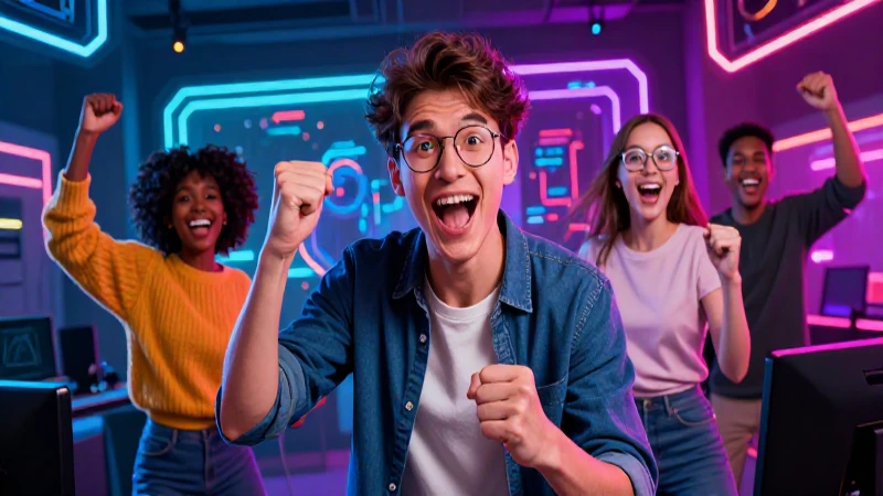 Geeks entusiastas en una estética tecnológica vibrante