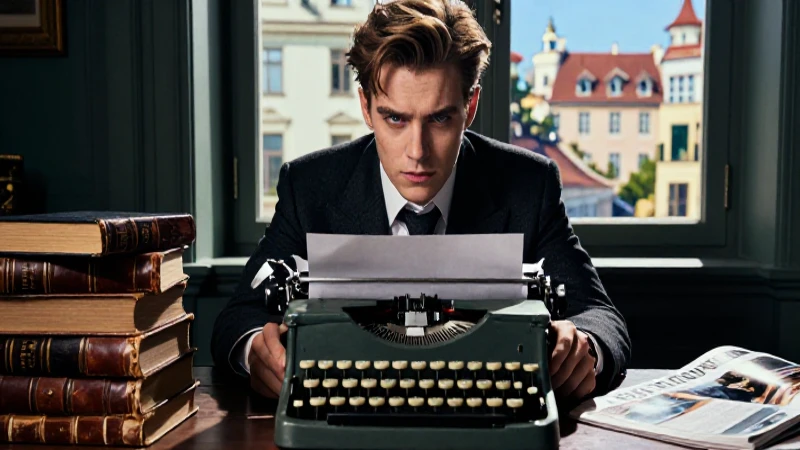 Retrato elegante de joven con libros y atmósfera dramática