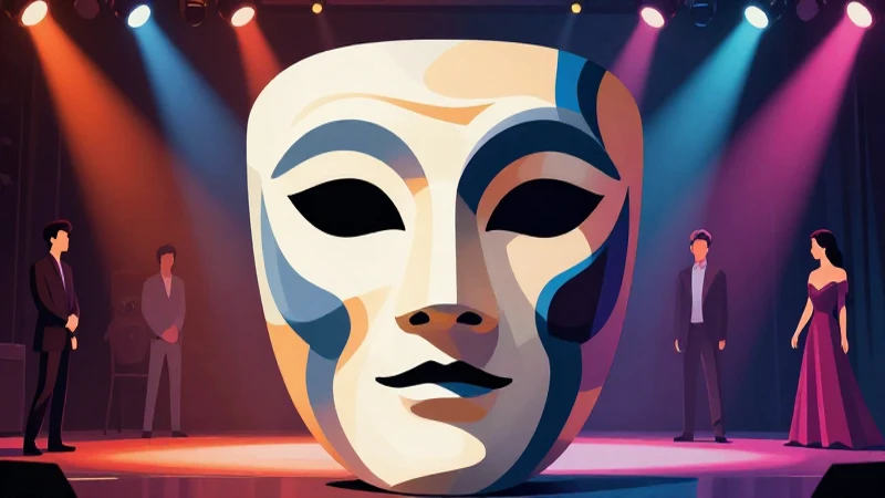 Máscara teatral estilizada con siluetas dramáticas