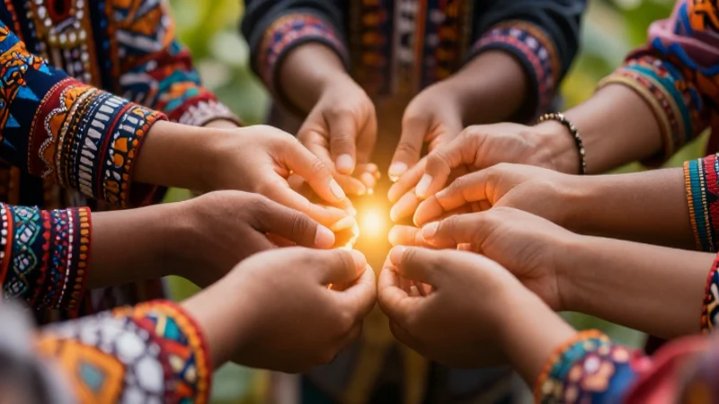 Manos diversas transmiten luz sobre fondo cultural