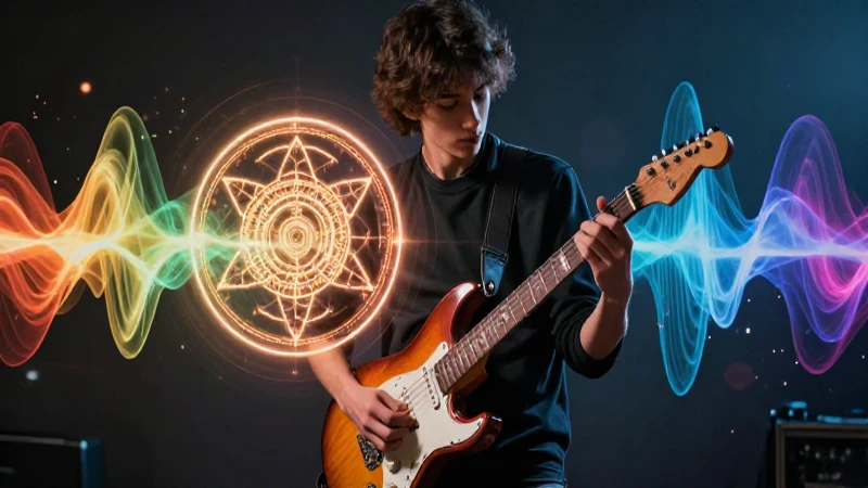 Músico con guitarra eléctrica y ondas vibrantes