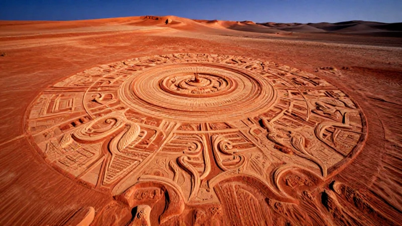 Geoglifo: Definición, concepto y su Impresionante significado 3 Geoglifos detallados en desierto, estilo hiperrealista