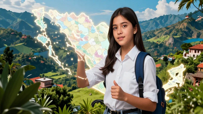 Retrato dinámico de estudiante con mapa conceptual en paisaje mexicano