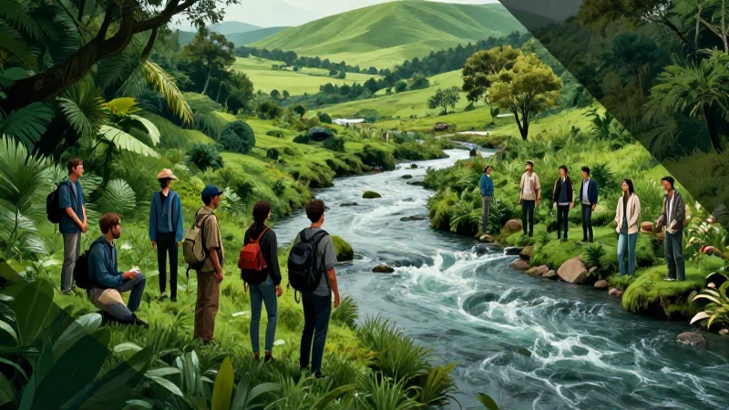 Ilustración educativa vibrante sobre naturaleza y diversidad