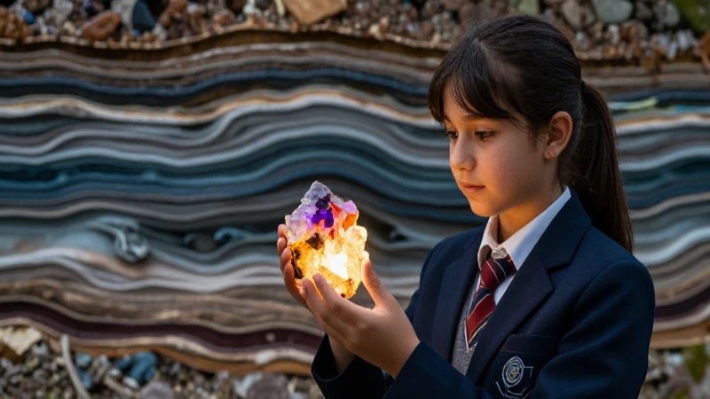 Estudiante estudia geología con un mineral vibrante