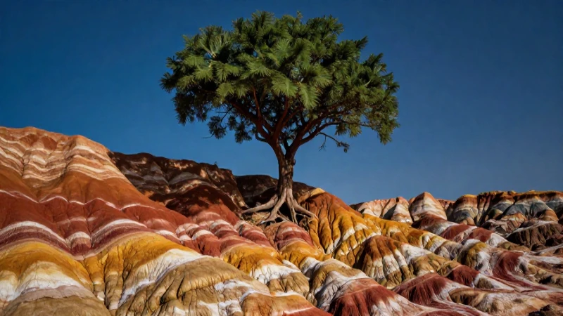 Árbol majestuoso sobre estratos coloridos