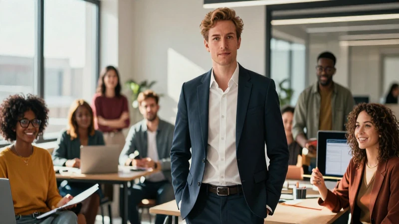 Líder carismático dirige equipo en oficina moderna