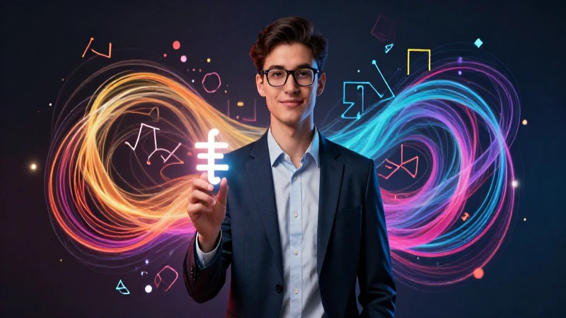 Joven erudito con símbolo lingüístico en entorno abstracto
