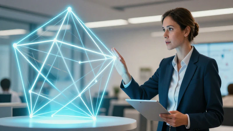 Consultora educativa moderna interactúa con geometría luminosa