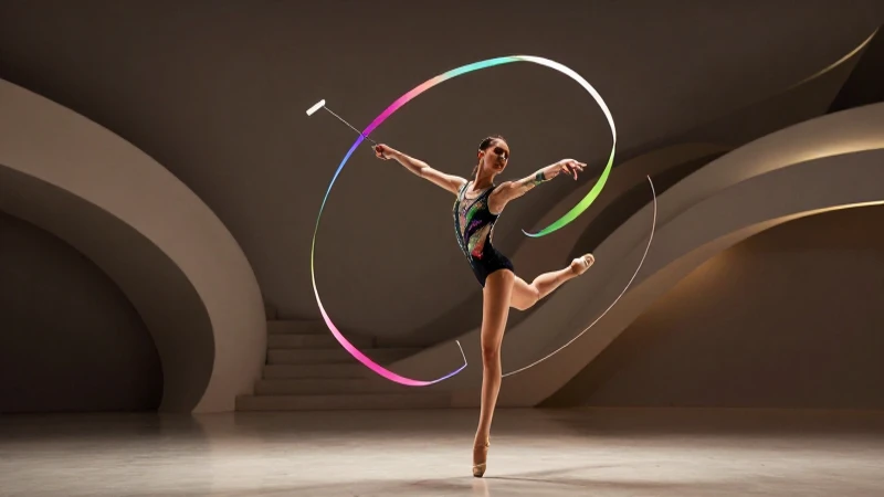 Gimnasta rítmica con cintas en acción y estilo moderno